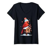 Womens Winter Cardinal on Birdhouse Cozy Illustration V-Neck T-Shirt