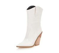 Women's Winter Chunky Heel High Heel Mid Calf Boots 8cm Geometric Heel Sexy Ankle Boots With Fish Scale PU Upper(White,4.5)