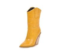 Women's Winter Chunky Heel High Heel Mid Calf Boots 8cm Geometric Heel Sexy Ankle Boots With Fish Scale PU Upper(Gelb,6.5)