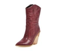 Women's Winter Chunky Heel High Heel Mid Calf Boots 8cm Geometric Heel Sexy Ankle Boots With Fish Scale PU Upper(Rosso,8.5)