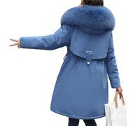 Women's Winter Coat, Fleece Lining, Hood, Fur Collar, Long, Thick, Warm Winter Parka Coat with Pockets, Blue, M