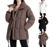 Women's Winter Coat, Short Quilted Coat, High Collar, Down Coat with Press Stud and Zip, Lightweight Puffer Jacket with Belt and Pockets, Warm Parka Jacket, Leisure Transition Jacket, coffee, L