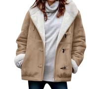 Womens Winter Coats Sherpa Fleece Lined Faux Suede Jacket Vintage Casual Short Coat Horn Button Hooded Overcoat Plus Size Pocket Outerwear for Autumn Winter Fashion