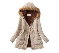 Womens Winter Coats Thick Fleece Lined Warm Hooded Parka Jackets Zip Up Outerwear with Fuffly Hood Plus Size Cotton Jacket with Pockets Mid-Lenght Ladies Jackets for Work Commuting Warm Beige
