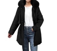 Womens Winter Coats Thick Quilted Jacket With Faux Fur Hood Drawstring Waist, Windproof Thermal For Ladies, Waterproof Outdoor Hiking Coat, Cold Weather Outerwear Pockets (Black,L)