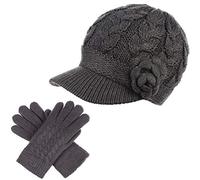 Womens Winter Elegant Cable Flower Knitted Newsboy Cabbie Cap Beret Beanie Hat with Visor, Warm Plush Fleece Lined, Charcoal Cable Flower-hat Gloves Set, One Size