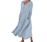 Womens Winter Fall Linen Dresses Autumn Solid Loose Long Sleeve Maxi Dress w Pockets Loose Fit Cotton Caftan Outfits Light Blue