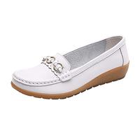 Women's Winter Flat Shoes Comfort Leather Loafers Comfortable Flat Shoes Outdoor Driving Shoes Illuminating Shoes, White, 5 UK
