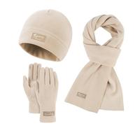 Womens Winter Fleece Beanie Hat Scarf Gloves Set, Sport Patch Polar Skull Cap, Touch Screen Fleece Texting Gloves, Soft Warm Scarf, 3 in 1 Winter Sports Accessories Set for Outdoor