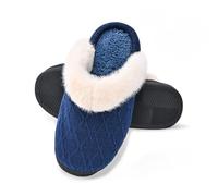 Women's Winter Fleece Lined Closed Toe Slippers with Cozy Memory Foam Insole, Warm Flat Bottom House Shoes for Indoor & Outdoor Use (Navy, 8)