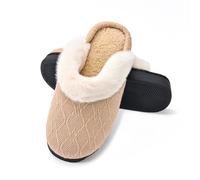 Women's Winter Fleece Lined Closed Toe Slippers with Cozy Memory Foam Insole, Warm Flat Bottom House Shoes for Indoor & Outdoor Use (Khaki, 8)