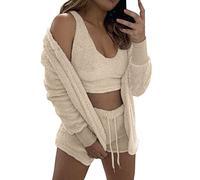 Women's Winter Fluffy Short Casual 3-Piece Set Fluffy Plush Pyjamas Long Sleeve Hooded Jacket Coat + Shorts + Crop Top Fashion Winter Warm Sleepwear Short Sleeve Comfort Sleepwear, c, M
