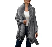 Women's Winter Knit Fringe Cape Shawl With Fur Collar - Warm Open Front Oversized Blanket Cardigan - Fashionable Elegant Knitted Long Sweater Coat - Shawls and Wraps for Evening Dresses