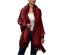 Women's Winter Knit Fringe Cape Shawl With Fur Collar - Warm Open Front Oversized Blanket Cardigan - Fashionable Elegant Knitted Long Sweater Coat - Shawls and Wraps for Evening Dresses