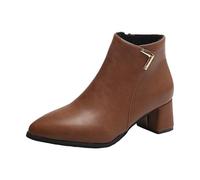 Womens Winter Leather Boots Wide Fit Ankle Boots for Women Thick Heel Pointed Toe Ladies Short Booties Stylish Classic British Style Pull on Dress Booties Slip on Shoes with Side Zip Brown