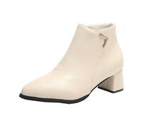 Womens Winter Leather Boots Wide Fit Ankle Boots for Women Thick Heel Pointed Toe Ladies Short Booties Stylish Classic British Style Pull on Dress Booties Slip on Shoes with Side Zip White
