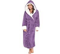Womens Winter Long Dressing Gown With Hood, Long Warm Bath Robe For Women Plush Robe Fluffy Luxury Dressing Gown With Belt Thick Soft Bathrobe Loungewear Sleepwear Thermal Cozy Housecoat