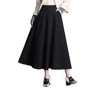 Women's Winter Maxi Long Skirts Tartan Wool Pockets Pleated High Waist Warm Elastic Waist Lineds Woolen Thicken Swing Plaid Skater Skirt (XL, Black)