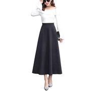 Women's Winter Maxi Long Skirts Tartan Wool Pockets Pleated High Waist Warm Elastic Waist Lineds Woolen Thicken Swing Plaid Skater Skirt (XL, Gray)