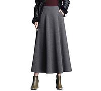 Women's Winter Maxi Long Skirts Tartan Wool Pockets Pleated High Waist Warm Elastic Waist Lineds Woolen Thicken Swing Plaid Skater Skirt (L, Gray)