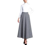 Women's Winter Maxi Skirts Long Wool Pleated High Waist Warm A-line Elastic Waist Lined Woolen Thicken Swing Plaid Skirt (M, Light Gray)