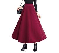 Women's Winter Maxi Skirts Long Wool Warm Pleated High Waist A-line Elastic Waist Lined Woolen Elegant Swing Plaid Skirt (XXL, Red Wine)