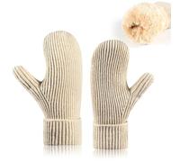 Women's Winter Mittens, Beige Rib-Knit, Fluffy Lining, Long Folded Cuffs | 1 pair, separate thumbs keep fingers together, extended wrist coverage, for cold-weather commuting, outdoor walks and errands