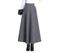 Women's Winter Plaid Maxi Skirt Elegant High Waist Warm Wool Long Elastic Waist Pleated Skirt B Black XXL