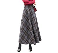 Women's Winter Plaid Maxi Skirt Elegant High Waist Warm Wool Long Elastic Waist Pleated Skirt F Grey XL