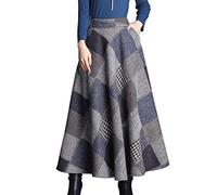 Women's Winter Pleated Skirts Long Wool High Waist Elegant A-line Warm Plaid Swing Retro Skirt Blue