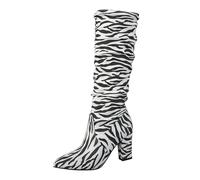 Womens Winter Slouchy High Heel Boots,Mid Calf Suede Ruched Slip on Chunky Block Pointed Toe Knee High Boots Slouch Boot Zebra Print Footwear Gift Size 5