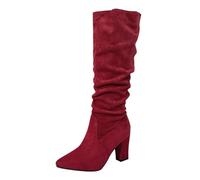 Womens Winter Slouchy High Heel Boots,Mid Calf Suede Ruched Slip on Chunky Block Pointed Toe Knee High Boots Slouch Boot Red Footwear Gift Size 4