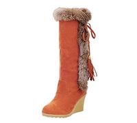 Womens Winter Snow Boots Warm Faux Fur Lined - Wedge Heel Knee High Boots Mid Calf Boot Round Toe Long Booties Lace Up Womens Shoes Fasion and Elegant Plush Boot Anti Slip for Outdoor Orange