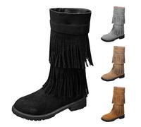Women's Winter Suede Mid-Calf Cowboy Boots Classic Round Toe Western Tassel Boots with Side Zipper Inner Height Retro Boot Ladies Winter Anti-Slip Walking Shoes Black