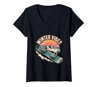 Womens Winter Vibes Snowboard Retro Mountain Sunset Art V-Neck T-Shirt