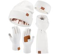 Womens Winter Warm Beanie Hats Gloves Scarf Headband Set Fleece Lined Ear Warmer Knit Scarf Touchscreen Gloves Winter Gifts, White, One Size