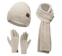Womens Winter Warm Beanie Hats Long Scarf Touchscreen Gloves Set Knit Neck Scarves Skull Caps with Fleece Gifts for Women Beige White