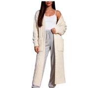 Women's Winter-Warm Fashion-Casual New-Sexy Sweater-Cardigan - Oversized Loose Long Sleeve Solid Color V- Neck Lightweight Cotton Soft Knitwear Chunky Ribbed Pocket Long Coats Ladies UK White M