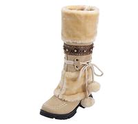Womens Winter Warm Fur Lined Suede Snow Boots Ladies Wide Fit Round Toe Slip Resistant Work Shoes Petite Plus Size Side Zipper Lace-Up Low-Chunky Heeled Knee High Walking Shoes
