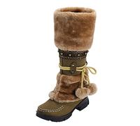Womens Winter Warm Fur Lined Suede Snow Boots Ladies Wide Fit Round Toe Slip Resistant Work Shoes Petite Plus Size Side Zipper Lace-Up Low-Chunky Heeled Knee High Walking Shoes