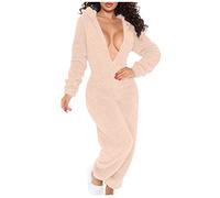 Women's Winter Warm Sherpa Onesie Pajama Deep V Neck Sexy Fuzzy Fleece One Piece Zipper Hooded Romper Jumpsuit Cozy Plush Sleepwear Loungewear Ladies Funny Thicken Pjs Buttoned Flap Adult Onesie