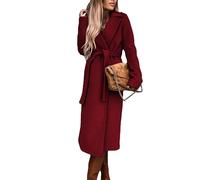 Women's Winter Wool Blend Long Trench Coat Elegant Notched Lapel Overcoat Warm Coats with Belt, Red, M