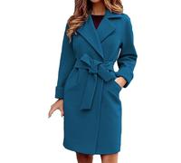 Women's Winter Wool Coats Elegant Slim Peacoat Overcoat with Belt Notched Lapel Long Trench Coat for Women, Dark Cyan, XL