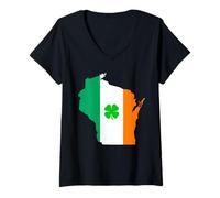 Womens Wisconsin State Map Irish Flag St Patrick's Day V-Neck T-Shirt