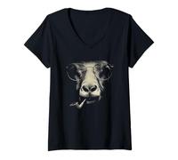 Women's Wise Goat with Glasses & Pipe Halftone Animal Design V-Neck T-Shirt