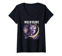 Womens Wise in Silence Owl Moon Starry Night V-Neck T-Shirt