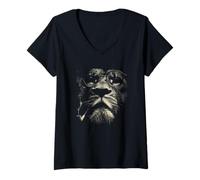 Women's Wise Lion with Glasses and Pipe Smoking Feline Art V-Neck T-Shirt