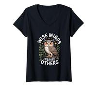 Womens Wise Minds Inspire Others Motivational Owl Quote V-Neck T-Shirt