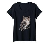 Women's Wise Owl Perched Illustration Symbol of Wisdom & Nature V-Neck T-Shirt