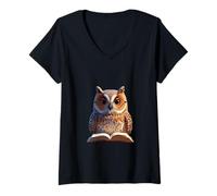 Women's Wise Owl Reading Illustration V-Neck T-Shirt